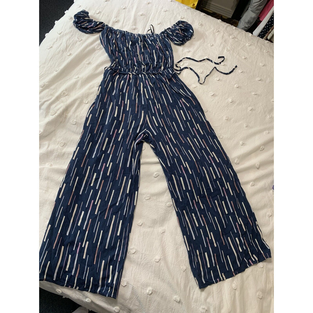 LuLu's True Radiance Navy Blue Multi Print Off the Shoulder Jumpsuit Size Small - Picture 7 of 10